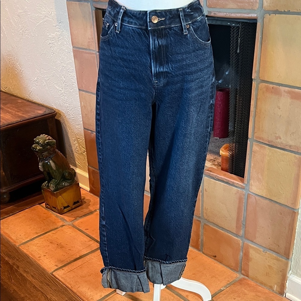Express Straight Ankle High Rise 50/50 Rigid Stretch Cuffed Jeans, size 8